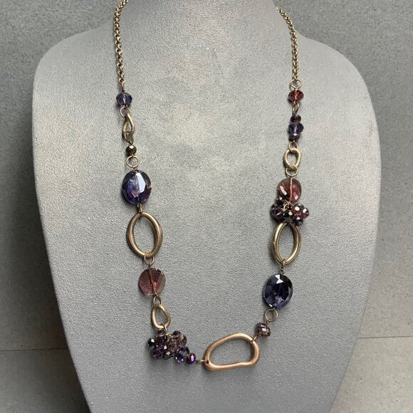 Funky Organic Link Necklace 32 In Faceted Purple Beads Oval Silver Textured Boho - Picture 1 of 6
